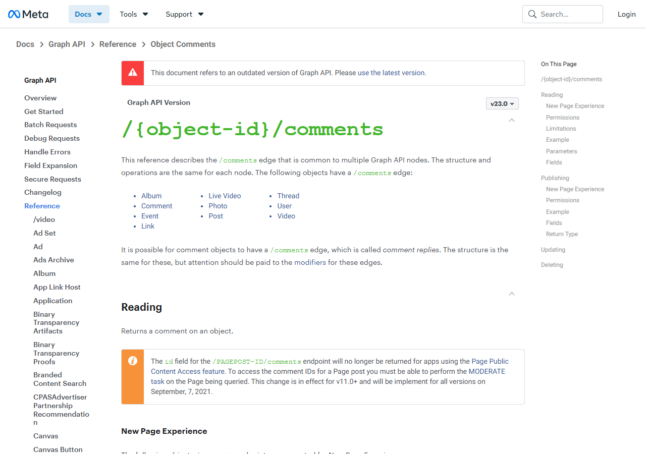 Facebook Graph API comments edge