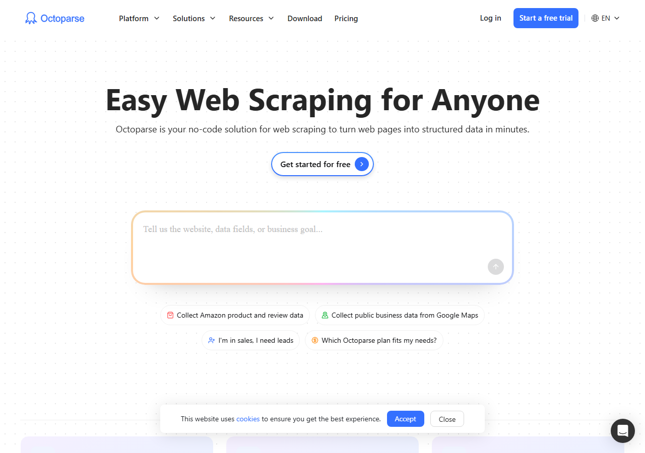 Octoparse Facebook comment scraper homepage